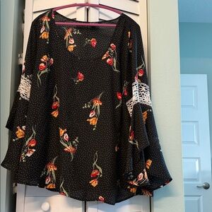 Floral Black Women's Top with Lace Accents